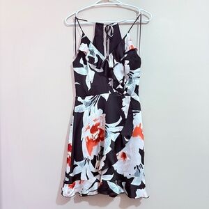 Dynamite Black Satin Open Back Ruffled Halter Dress White & Coral Floral